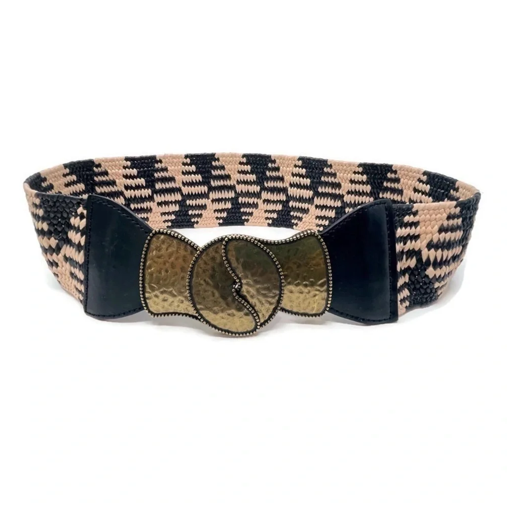 Vintage Wearable Art Boho Brass, Black‎ & Cream Woven & Leather Statement Belt